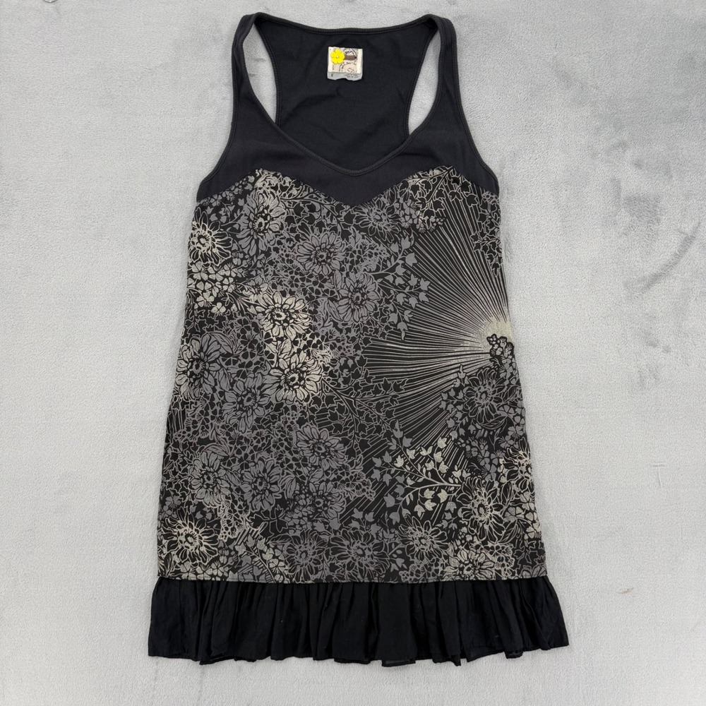 Free People Silk Floral Ruffle Hem Tank Top Black Grey Racerback Women's Size 8